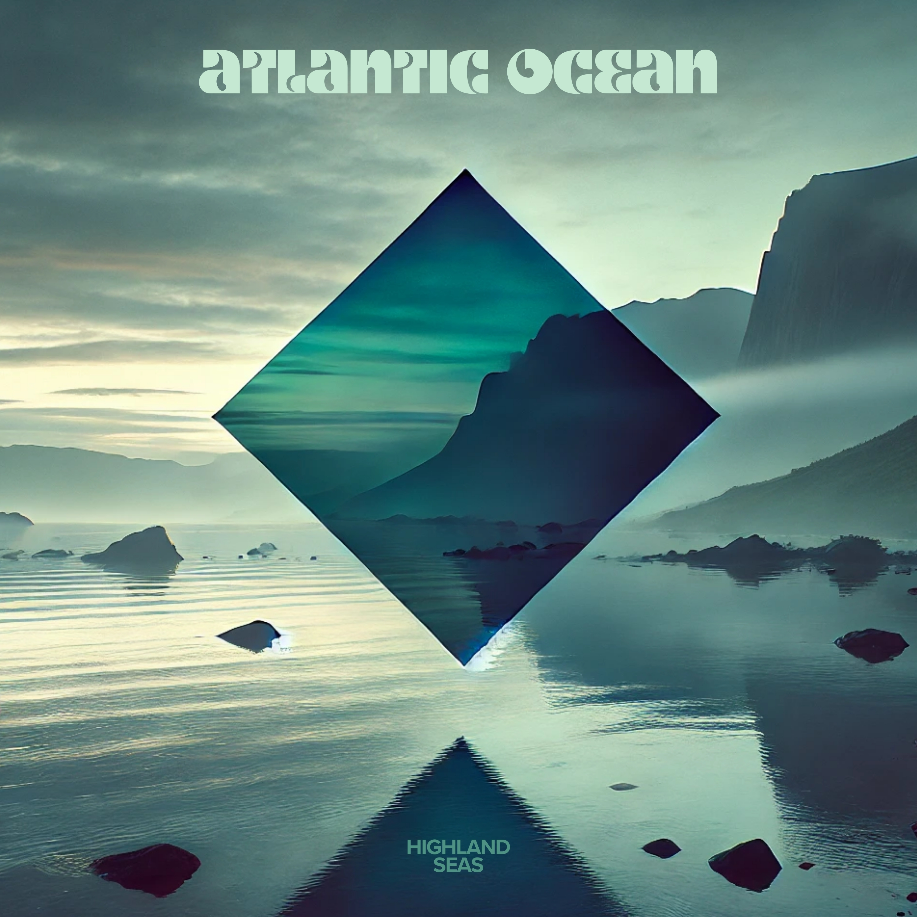 EP cover of Atlantic Ocean by Highland Seas: misty coastal landscape with a blue rhombus.